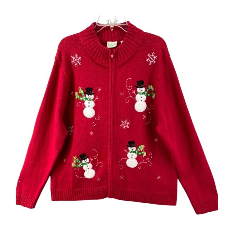 VTG Classic Elements Cardigan Womens‎ Sz 20 - 22 Christmas Snowman Winter Zip Up